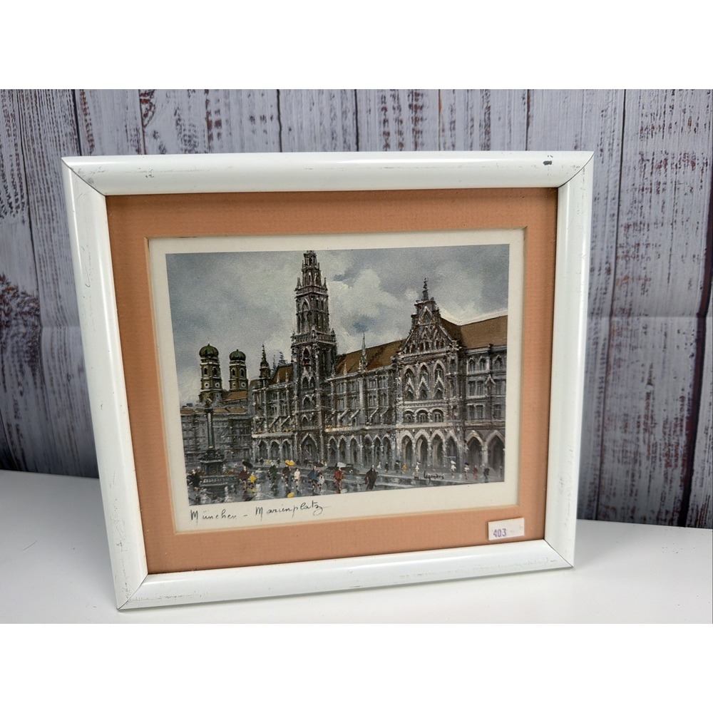 Vtg MCM 8x10" Framed Art Print Munich Marienplatz Germany Cityscape Signed